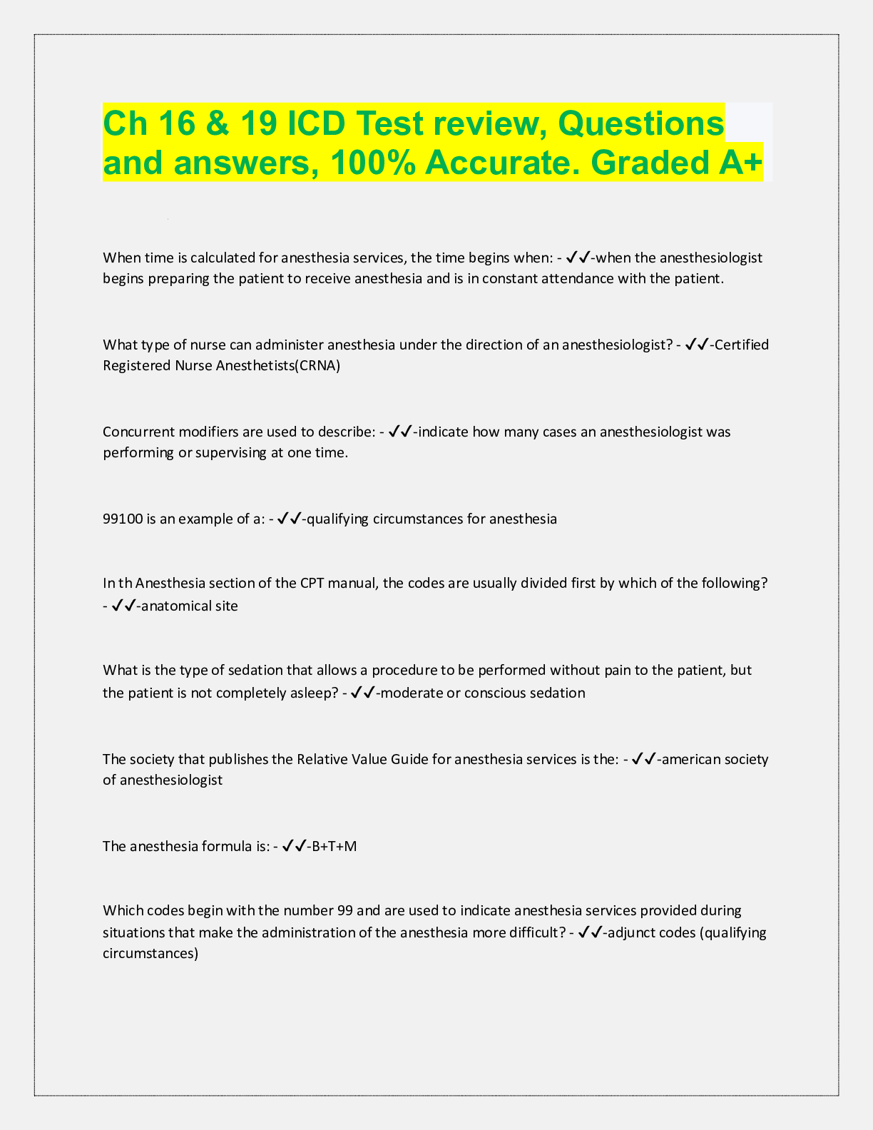 Preview image for Ch 16 & 19 ICD Test review, Questions  and answers, 100% Accurate. Graded A+